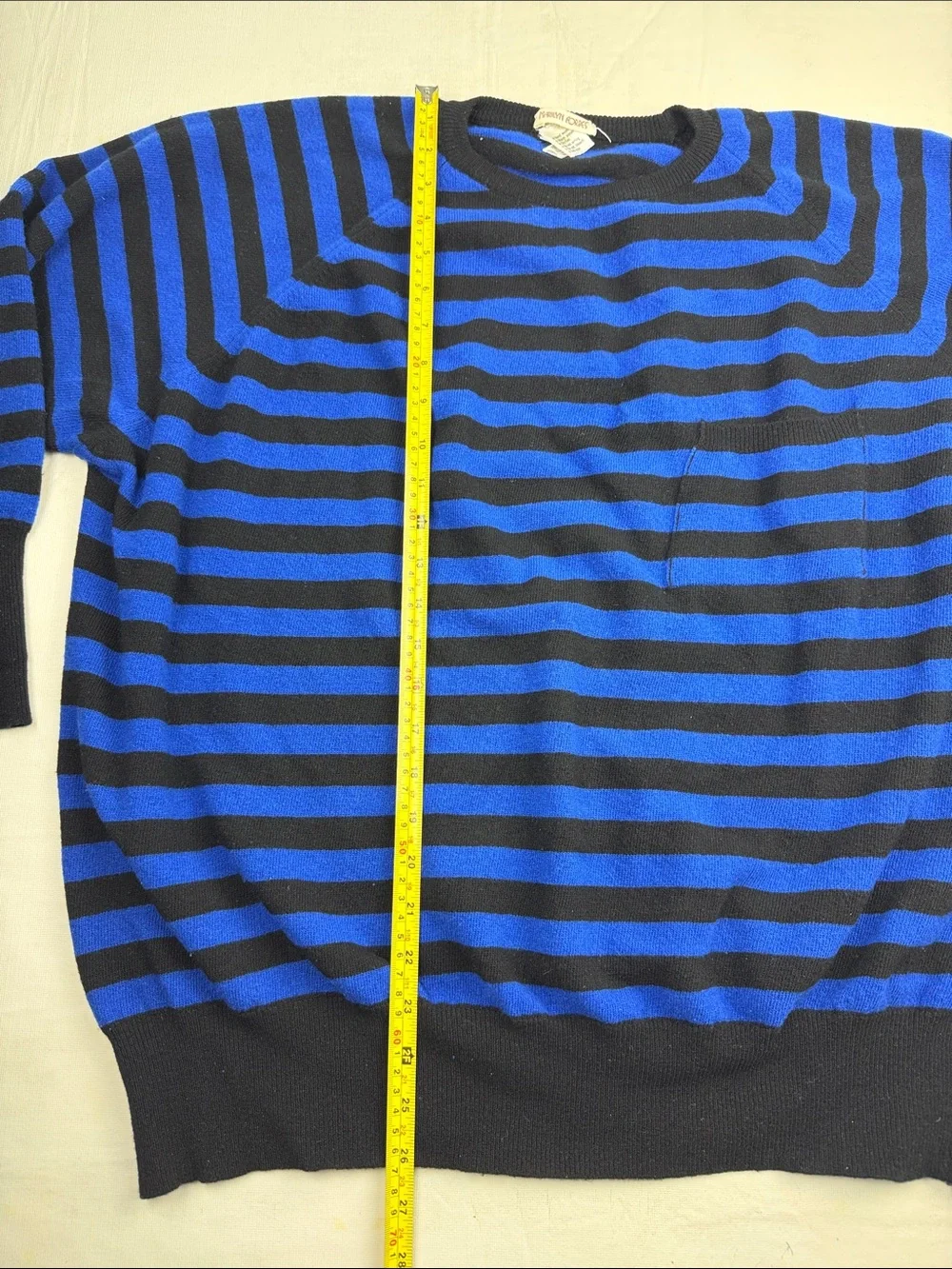 Marilyn Forbes Blue Black Striped Crewneck Oversized Sweater Front pocket Size M